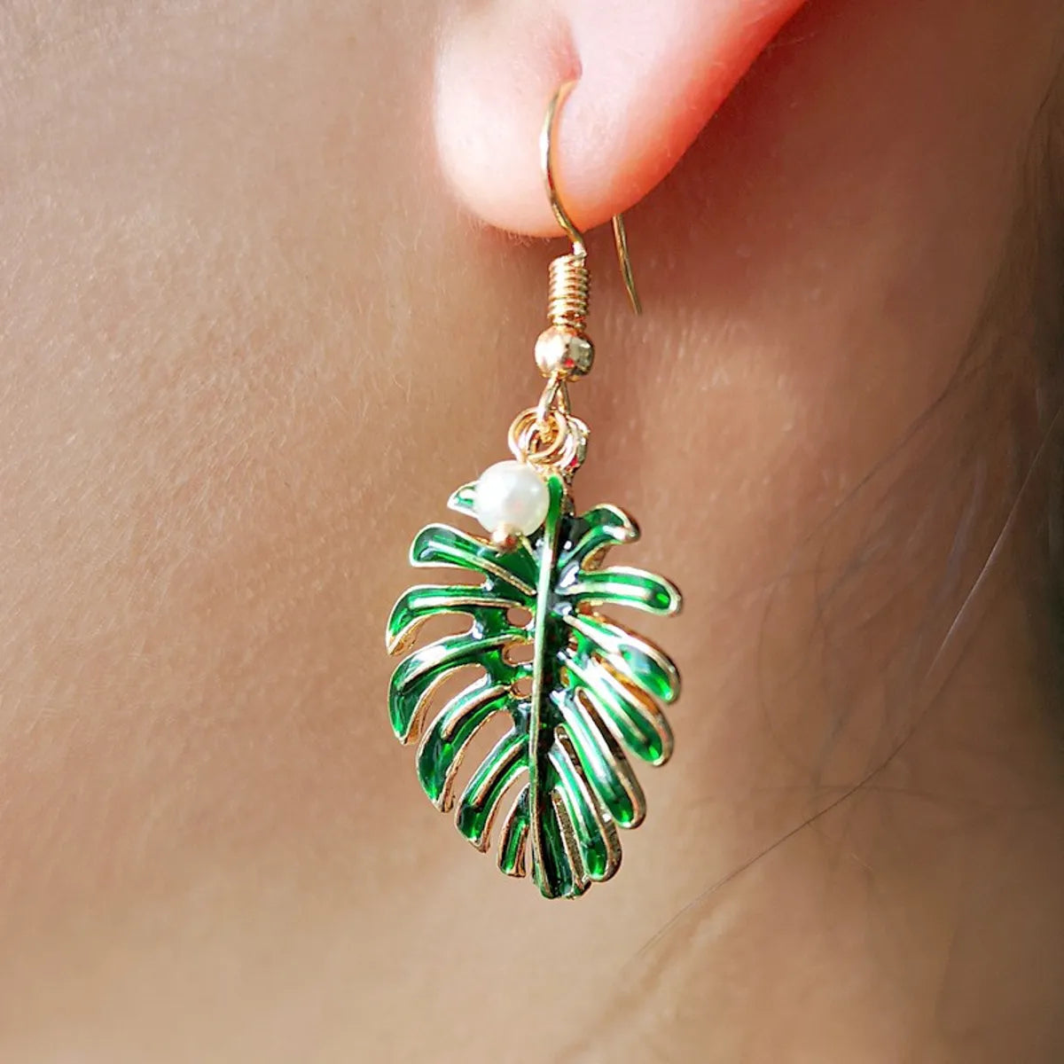 Fashion Bohemian Style Green Coconut Leaf 18k Gold-plated Pearl Pendant Earrings