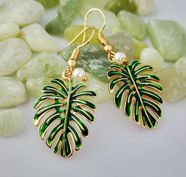 Fashion Bohemian Style Green Coconut Leaf 18k Gold-plated Pearl Pendant Earrings