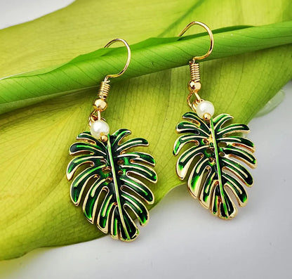 Fashion Bohemian Style Green Coconut Leaf 18k Gold-plated Pearl Pendant Earrings