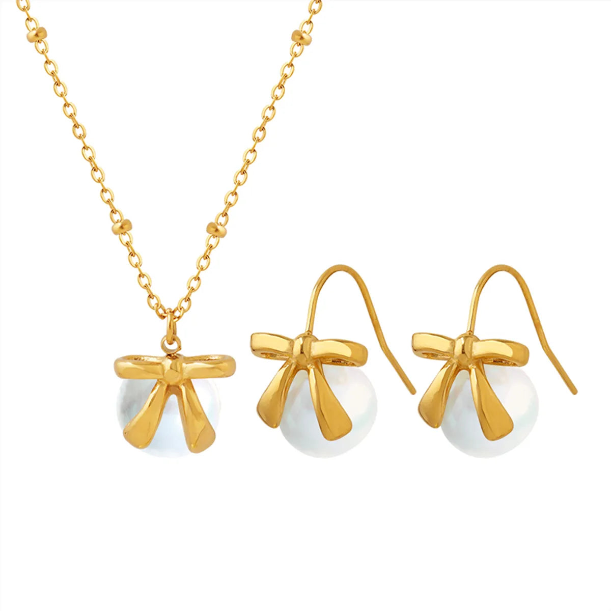 Wholesale Fashion Bow Knot Titanium Steel Inlay Pearl Earrings Necklace