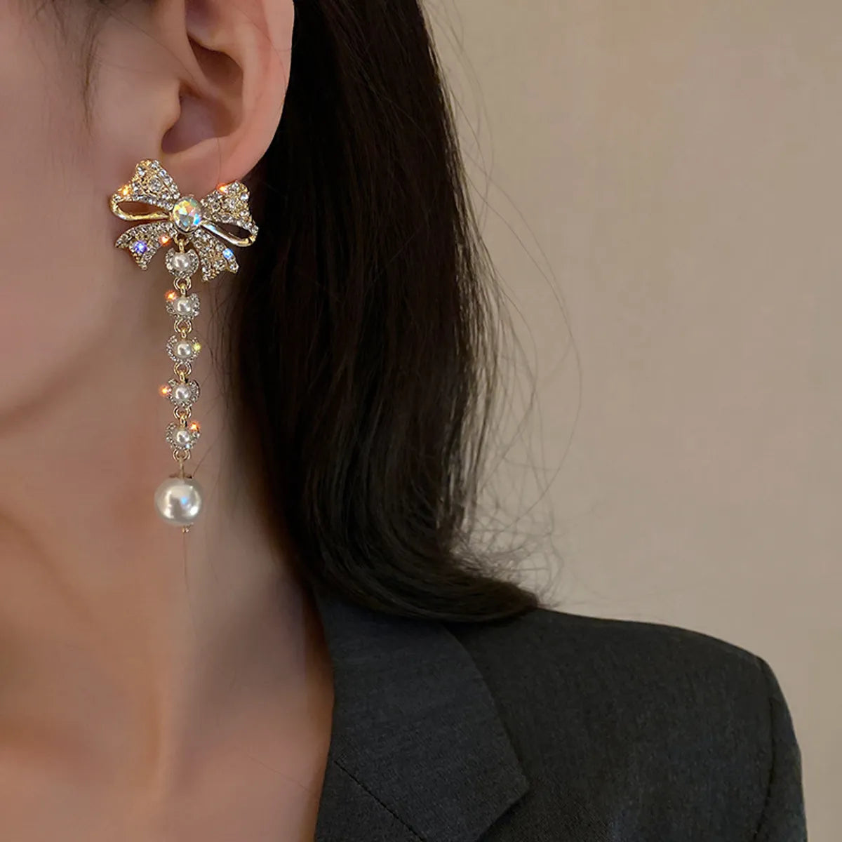 Fashion Bowknot Pearl Long Tassel Earrings