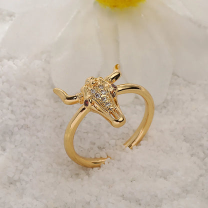 Fashion Bull Head Copper Gold Plated Zircon Open Ring