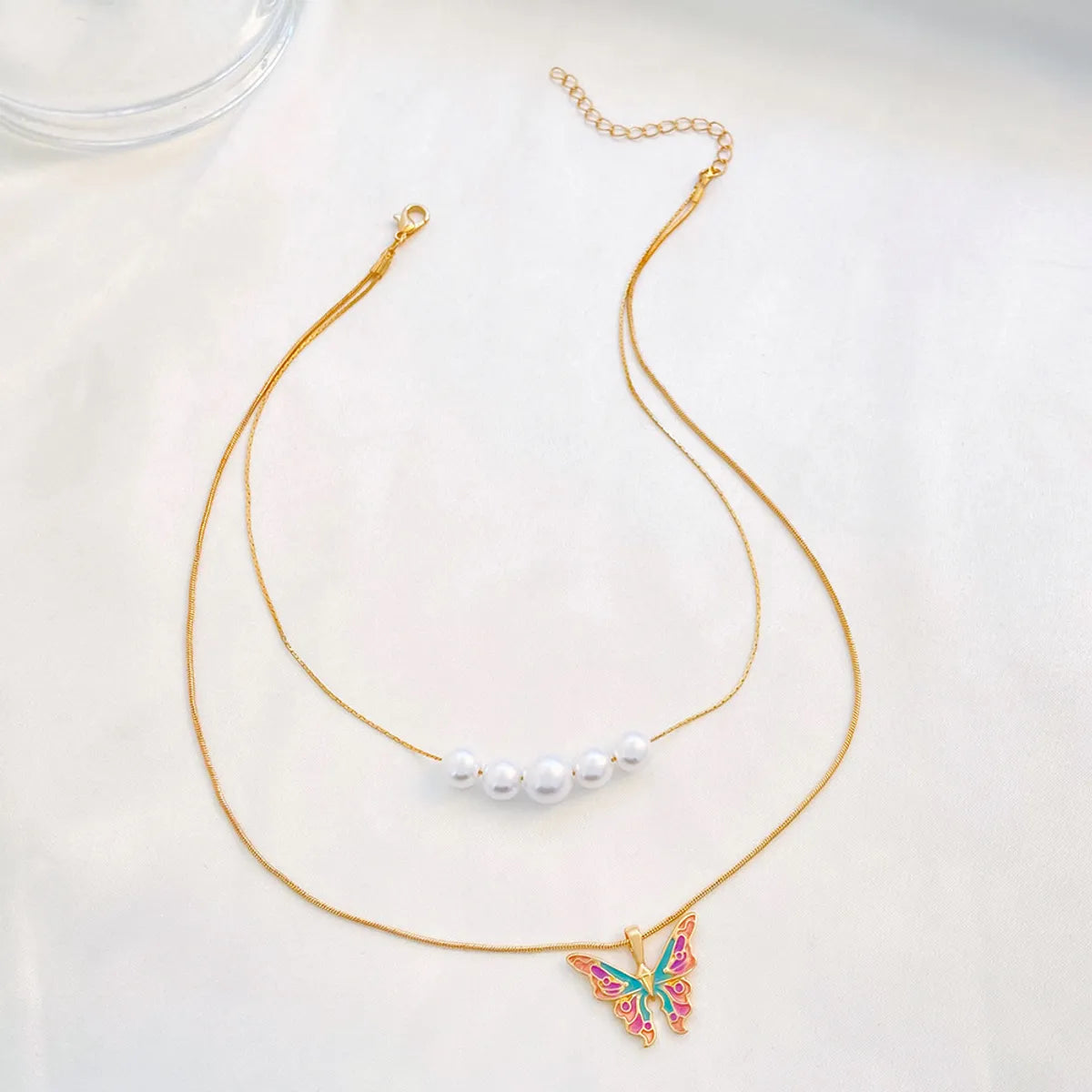 Fashion Butterfly Alloy Enamel Plating Artificial Pearls Women's Layered Necklaces 1 Piece