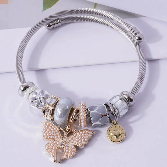 Fashion Butterfly Alloy Steel Inlay Artificial Pearls Women'S Bangle 1 Piece