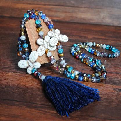 Fashion Butterfly Artificial Crystal Turquoise Beaded Tassel Women'S Necklace