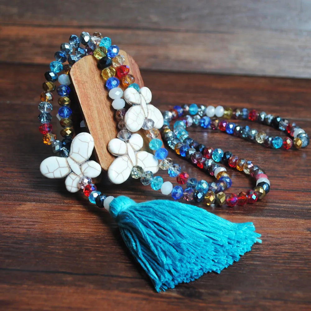 Fashion Butterfly Artificial Crystal Turquoise Beaded Tassel Women'S Necklace