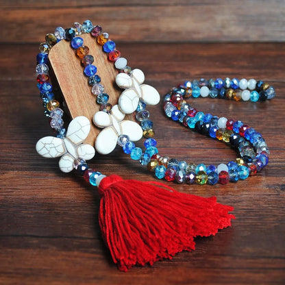 Fashion Butterfly Artificial Crystal Turquoise Beaded Tassel Women'S Necklace