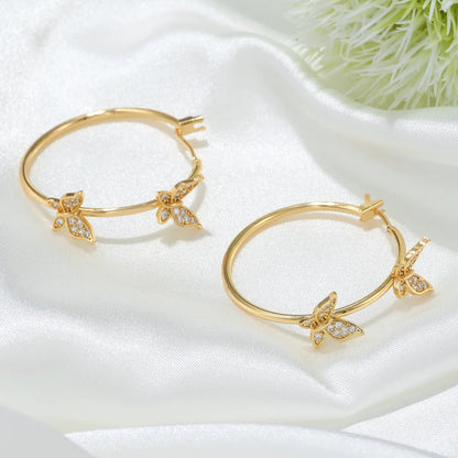 Fashion Butterfly Copper Gold Plated Zircon Hoop Earrings 1 Pair