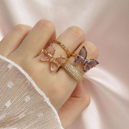 Fashion Butterfly Copper Inlay Zircon Open Ring 1 Piece