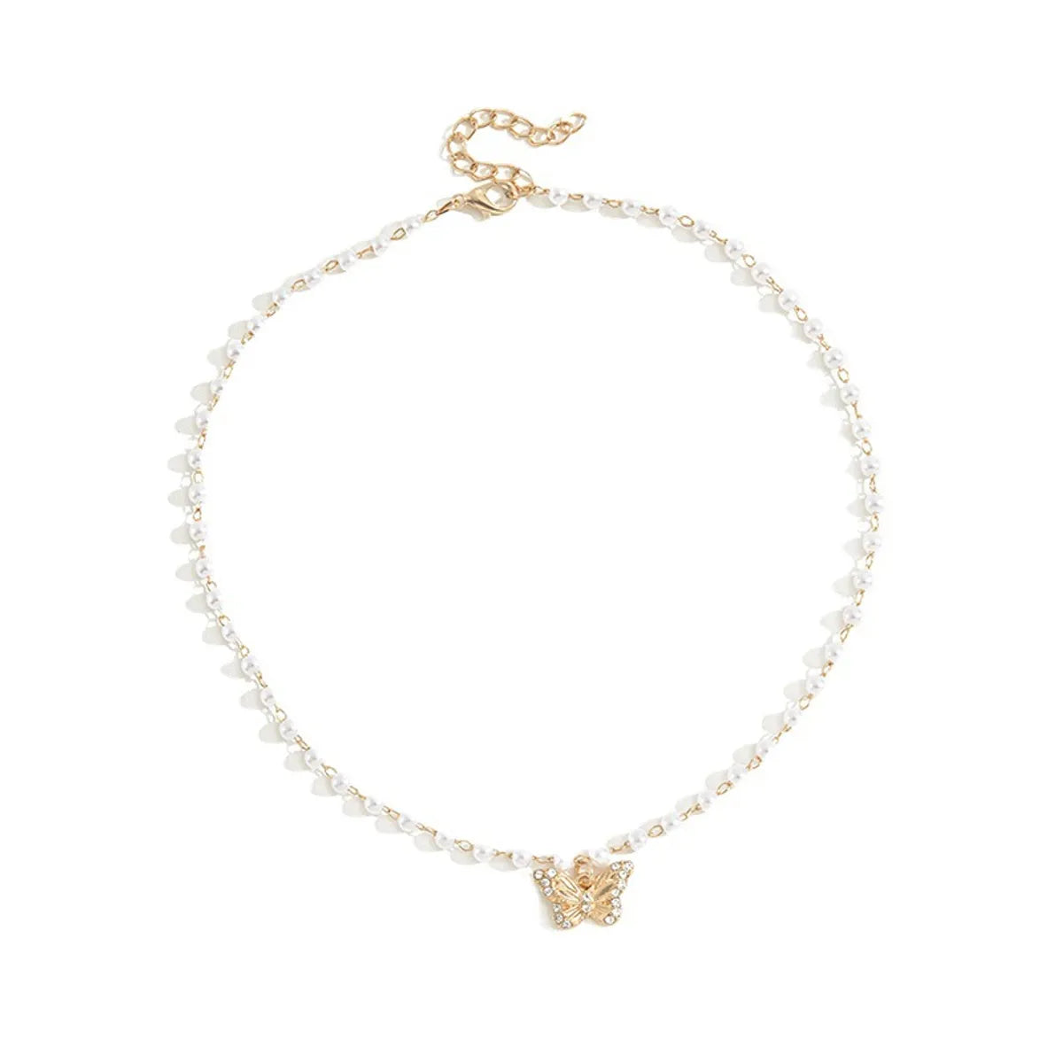 Fashion Butterfly Imitation Pearl Alloy Diamond Necklace