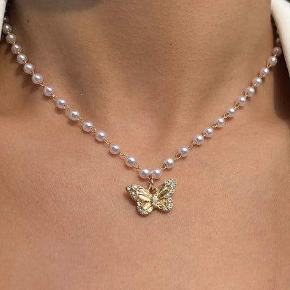 Fashion Butterfly Imitation Pearl Alloy Diamond Necklace