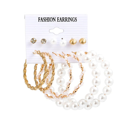 Fashion Butterfly Inlaid Pearl Alloy Geometric Hoop Earrings Six-piece Set