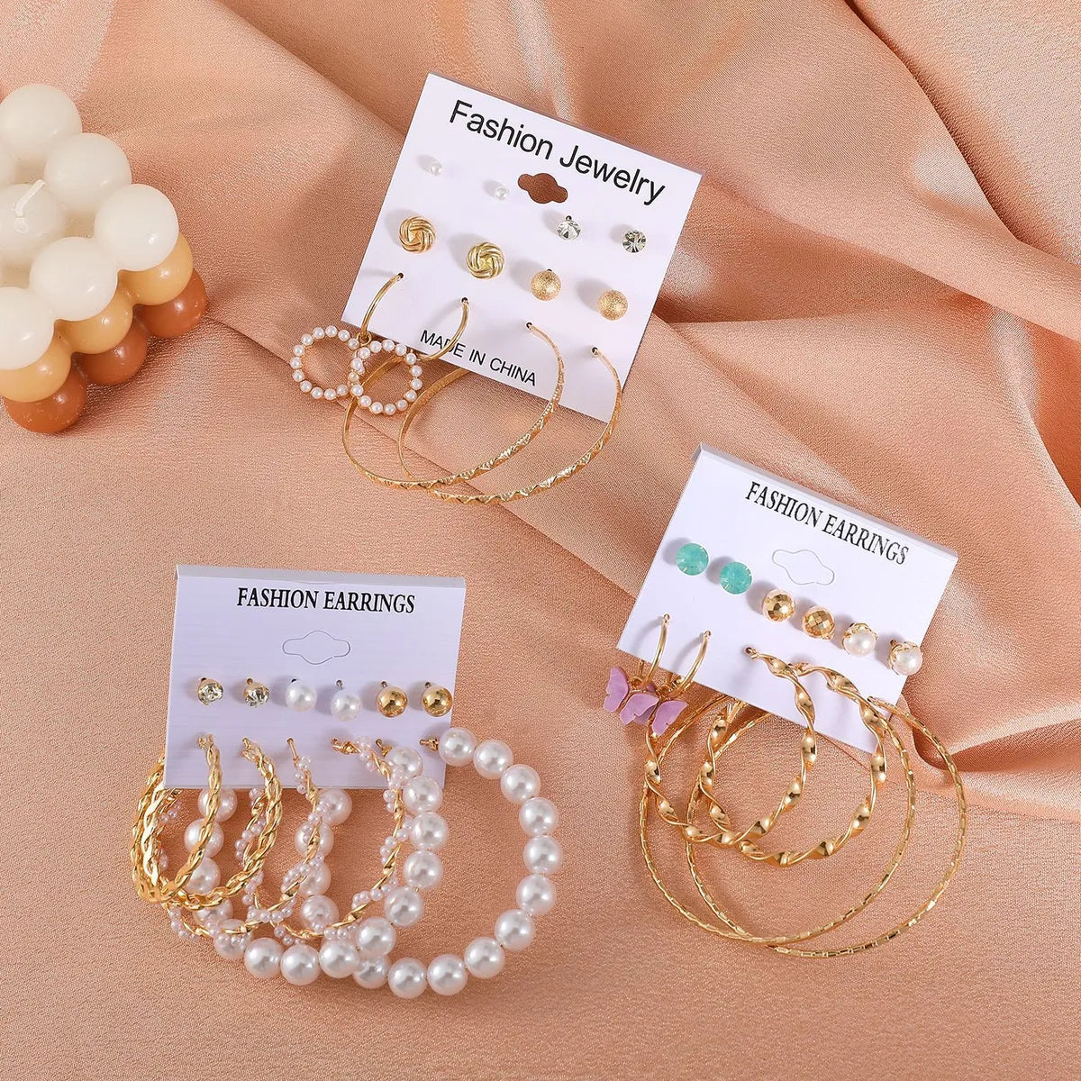 Fashion Butterfly Inlaid Pearl Alloy Geometric Hoop Earrings Six-piece Set