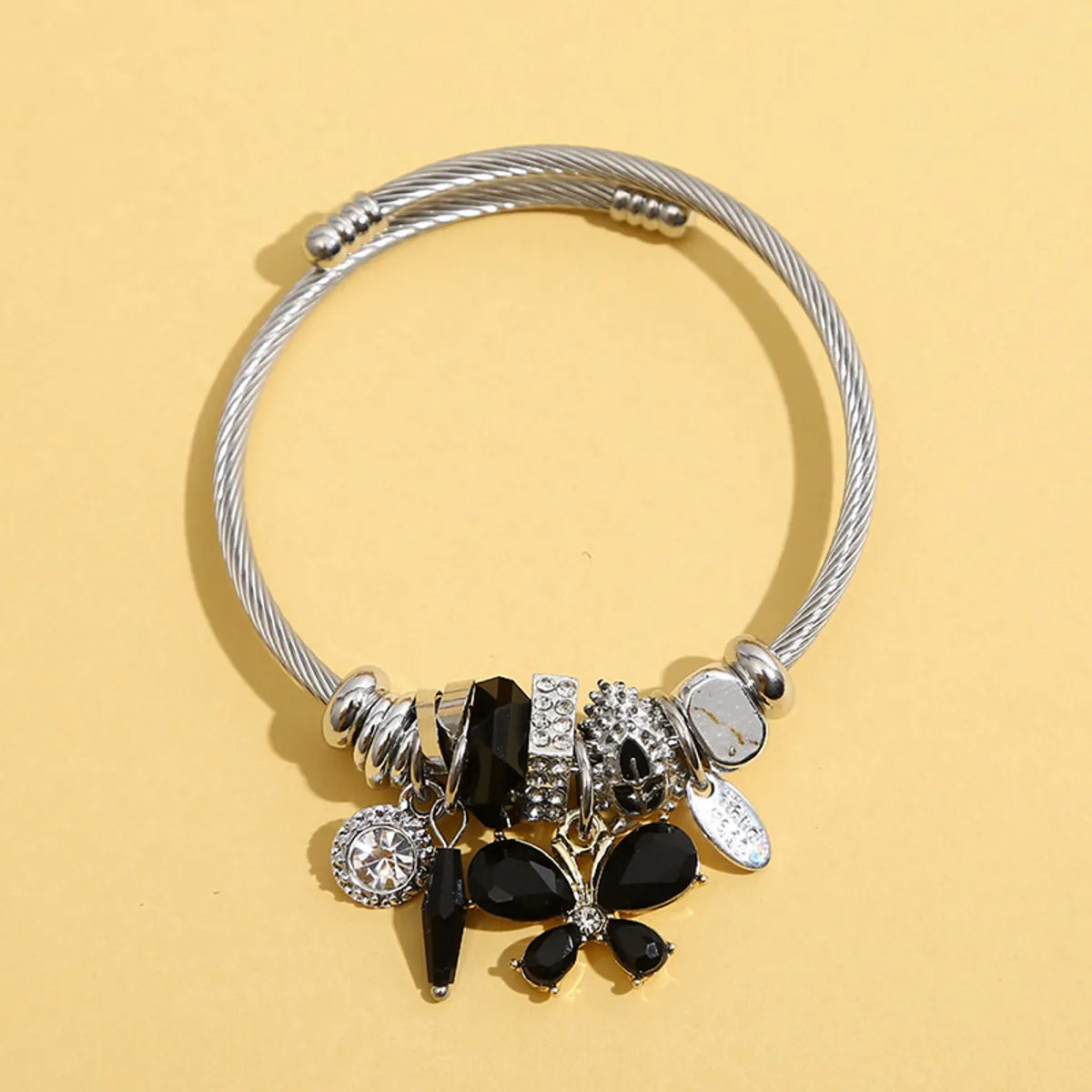 Fashion Butterfly Stainless Steel Beaded Inlay Glass Bangle