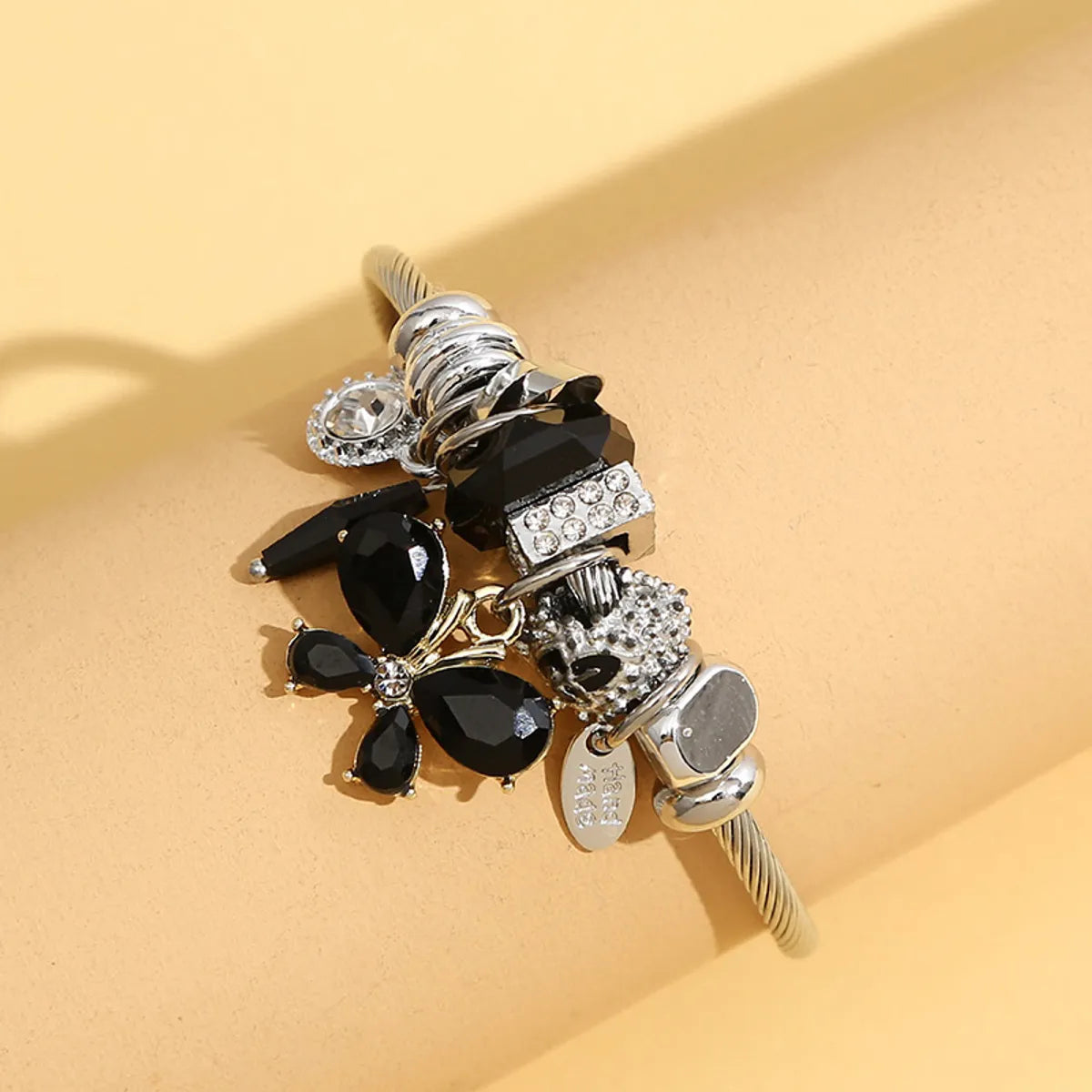 Fashion Butterfly Stainless Steel Beaded Inlay Glass Bangle