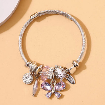 Fashion Butterfly Stainless Steel Beaded Inlay Glass Bangle