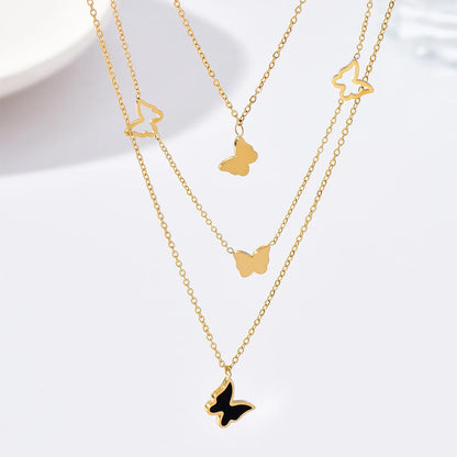 Fashion Butterfly Stainless Steel Butterfly Inlay Shell Layered Necklaces 1 Piece