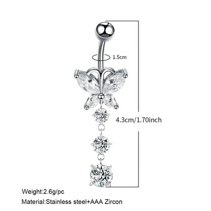 Fashion Butterfly Stainless Steel Inlay Zircon Belly Ring 1 Piece