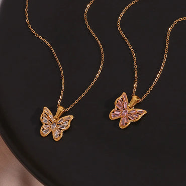 Wholesale Jewelry Fashion Butterfly 304 Stainless Steel Zircon 18K Gold Plated Plating Inlay Necklace