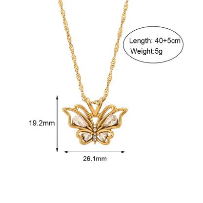 Wholesale Jewelry Fashion Butterfly 304 Stainless Steel Zircon 18K Gold Plated Plating Hollow Out Inlay Pendant Necklace