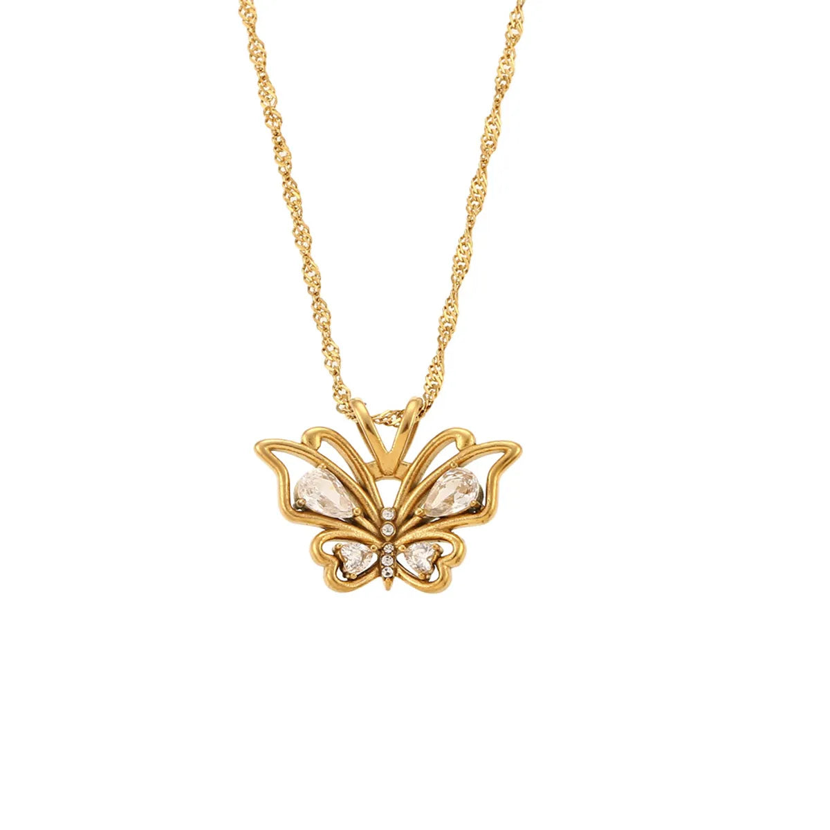 Wholesale Jewelry Fashion Butterfly 304 Stainless Steel Zircon 18K Gold Plated Plating Hollow Out Inlay Pendant Necklace