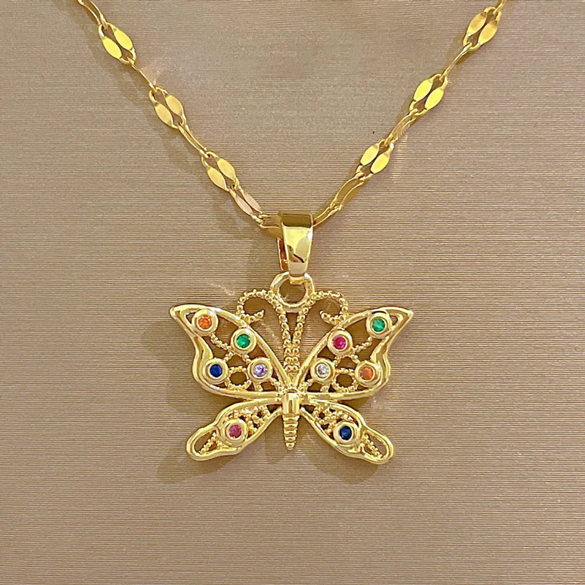 Fashion Butterfly Titanium Steel Copper Plating Inlay Zircon Pendant Necklace