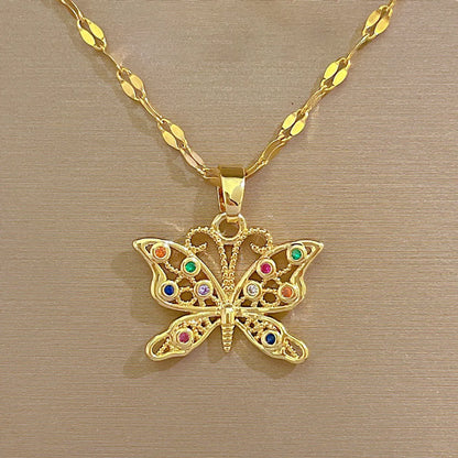 Fashion Butterfly Titanium Steel Copper Plating Inlay Zircon Pendant Necklace