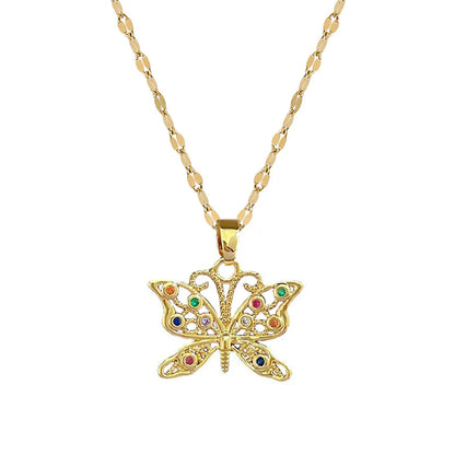 Fashion Butterfly Titanium Steel Copper Plating Inlay Zircon Pendant Necklace