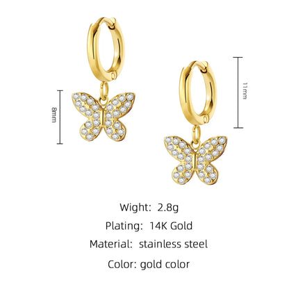 Fashion Butterfly Titanium Steel Drop Earrings Plating Inlay Artificial Diamond Stainless Steel Earrings