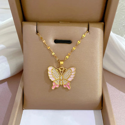 Fashion Butterfly Titanium Steel Copper Inlay Artificial Diamond Pendant Necklace