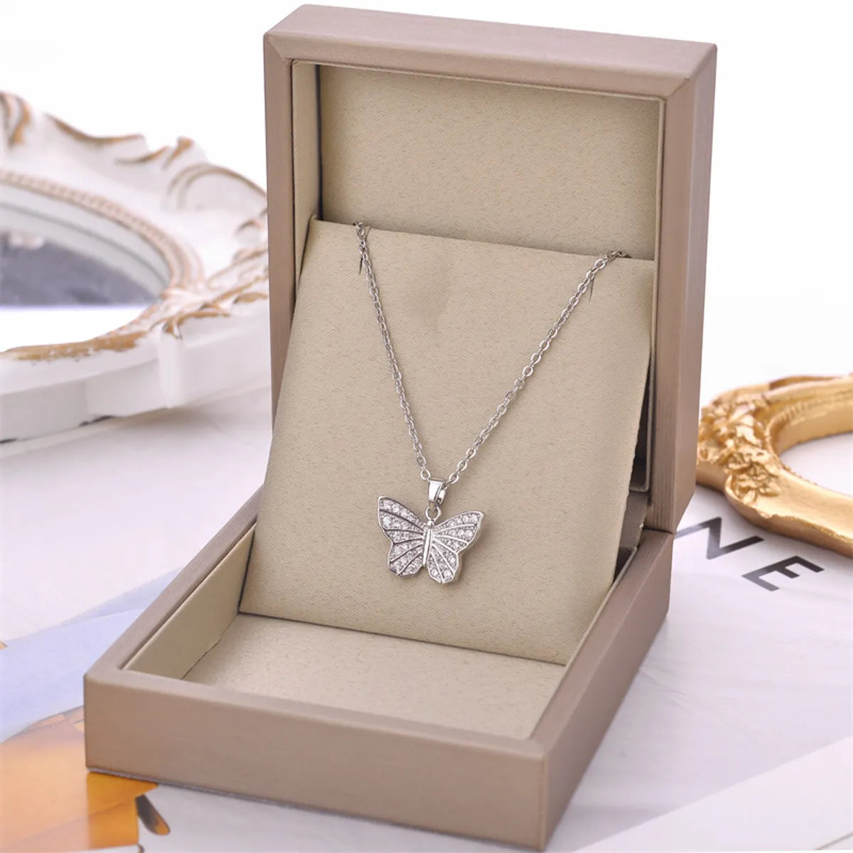 Fashion Butterfly Titanium Steel Inlay Zircon Pendant Necklace 1 Piece