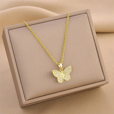 Fashion Butterfly Titanium Steel Inlay Zircon Pendant Necklace 1 Piece