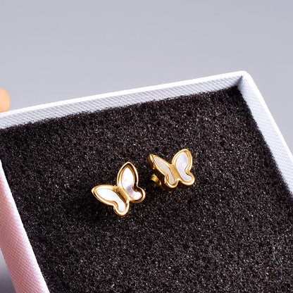 Fashion Butterfly Titanium Steel Plating Inlay Shell Ear Studs 1 Pair