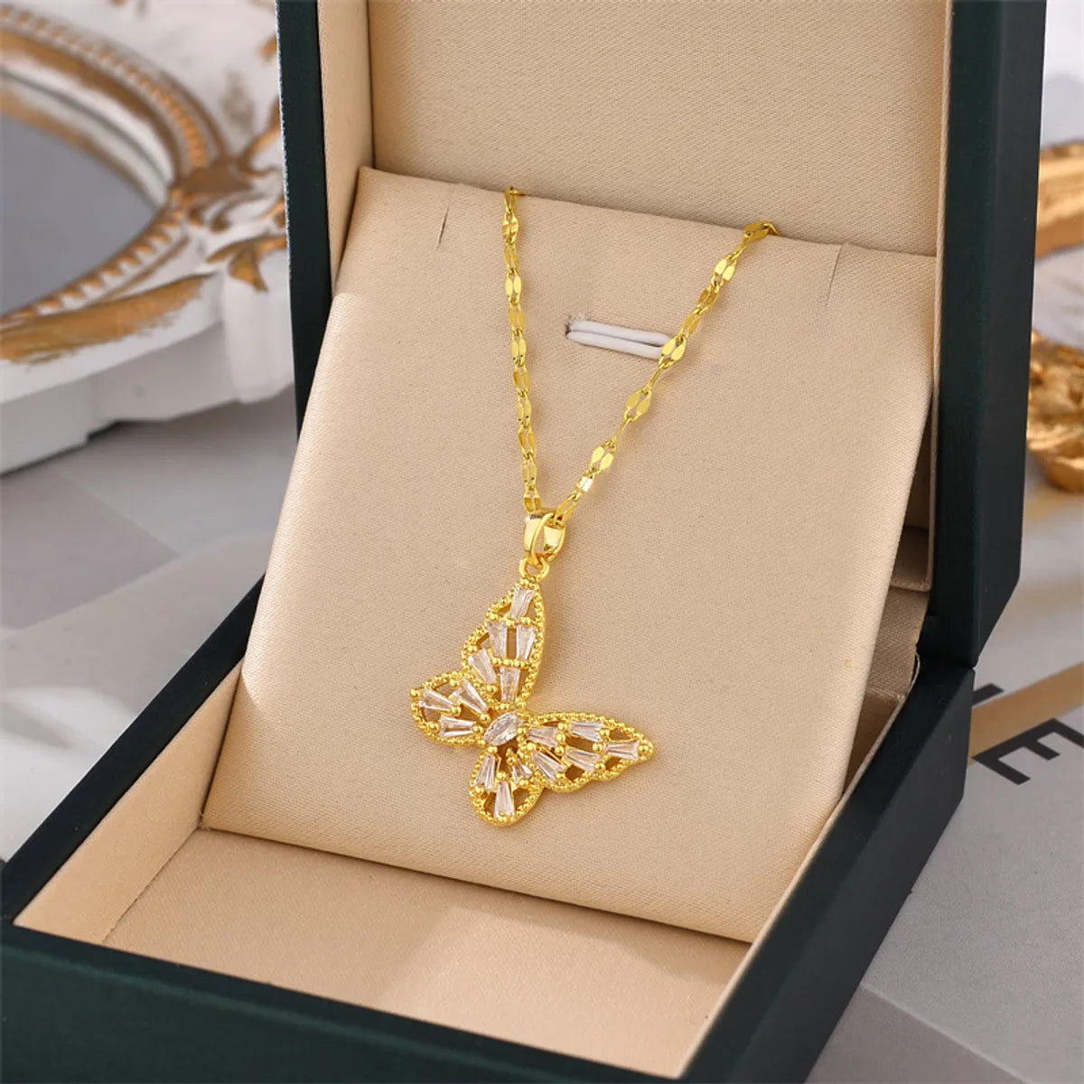 Fashion Butterfly Titanium Steel Plating Inlay Zircon Pendant Necklace 1 Piece