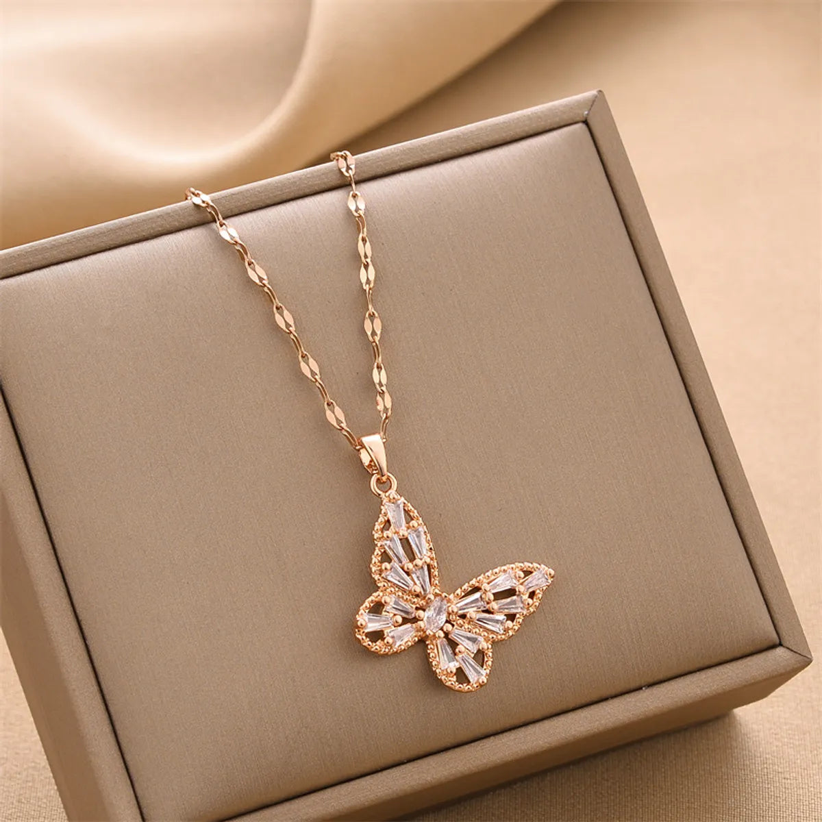 Fashion Butterfly Titanium Steel Plating Inlay Zircon Pendant Necklace 1 Piece