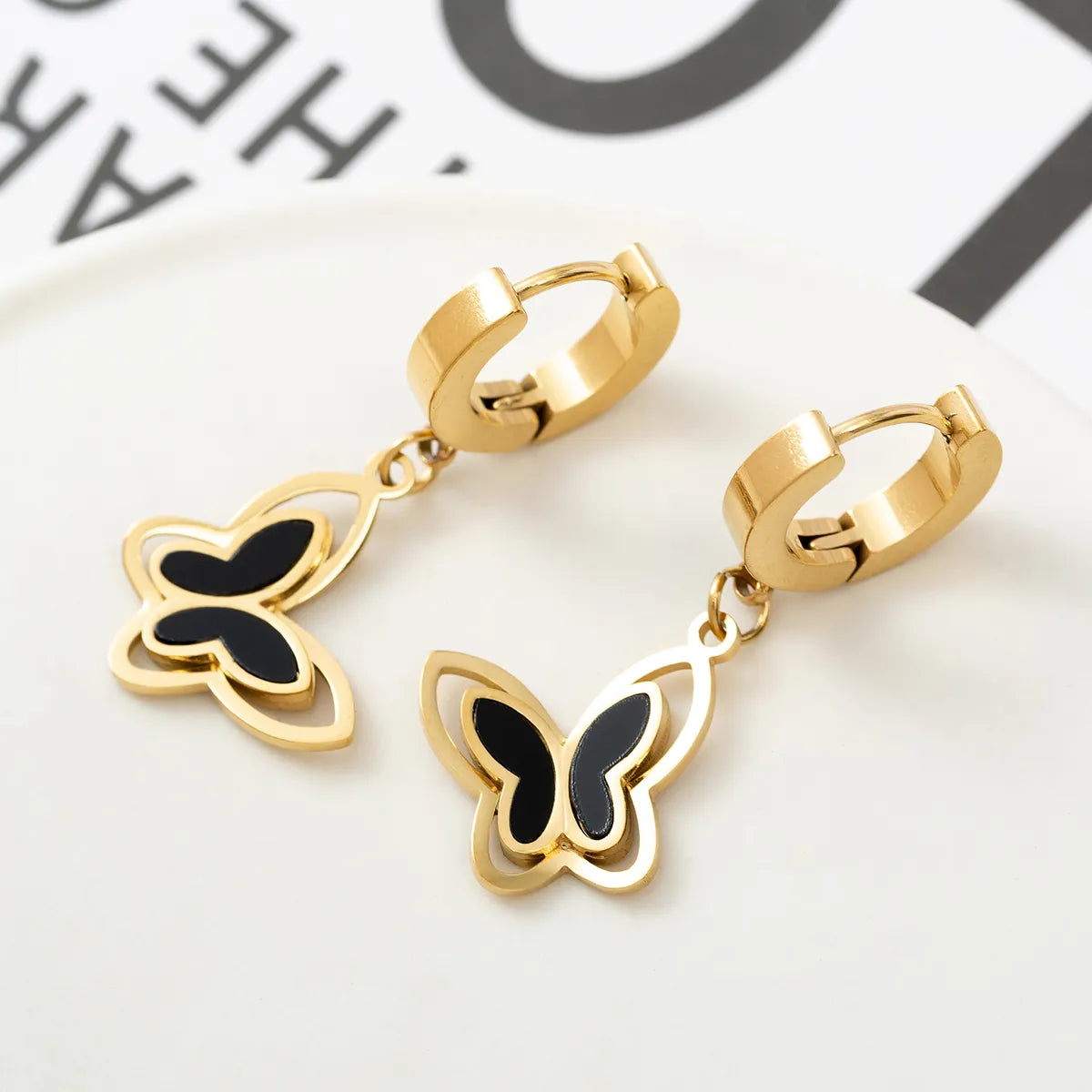 1 Pair Fashion Butterfly Polishing Plating Inlay Titanium Steel Shell Zircon Gold Plated Drop Earrings