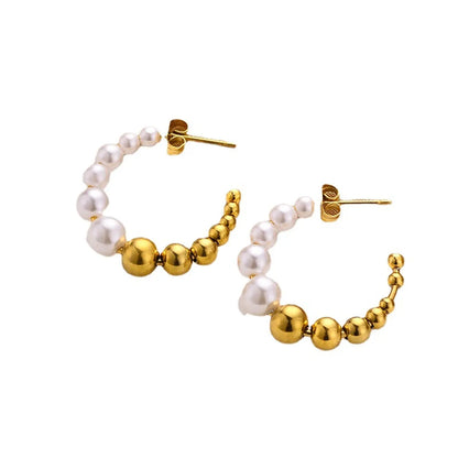 1 Pair Fashion C Shape Plating Imitation Pearl Titanium Steel Earrings