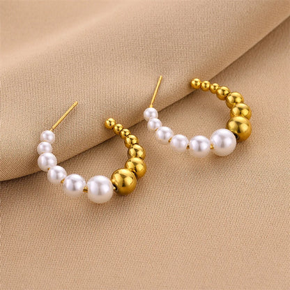 1 Pair Fashion C Shape Plating Imitation Pearl Titanium Steel Earrings