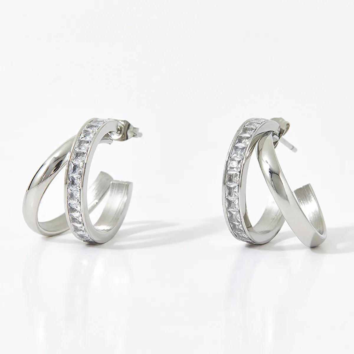 Fashion C Shape Inlay Stainless Steel Zircon Hoop Earrings