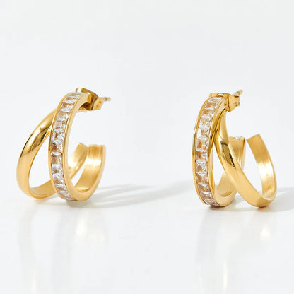 Fashion C Shape Inlay Stainless Steel Zircon Hoop Earrings