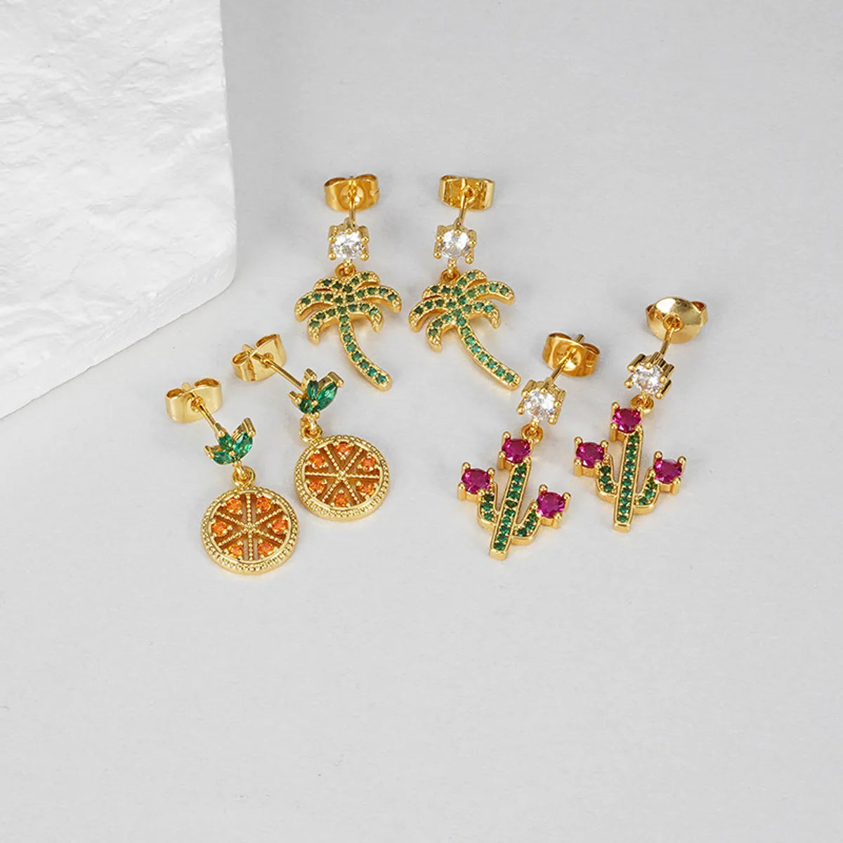 Fashion Cactus Palm Tree Copper Plating Zircon Drop Earrings 1 Pair