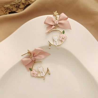 Fashion Cat Bow Knot Alloy Enamel Pearl Plating Women's Drop Earrings 1 Pair