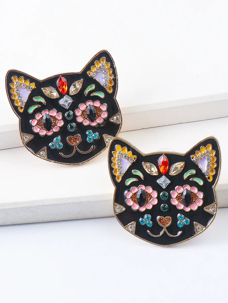 Fashion Cat Metal Inlay Rhinestones Women'S Earrings 1 Pair