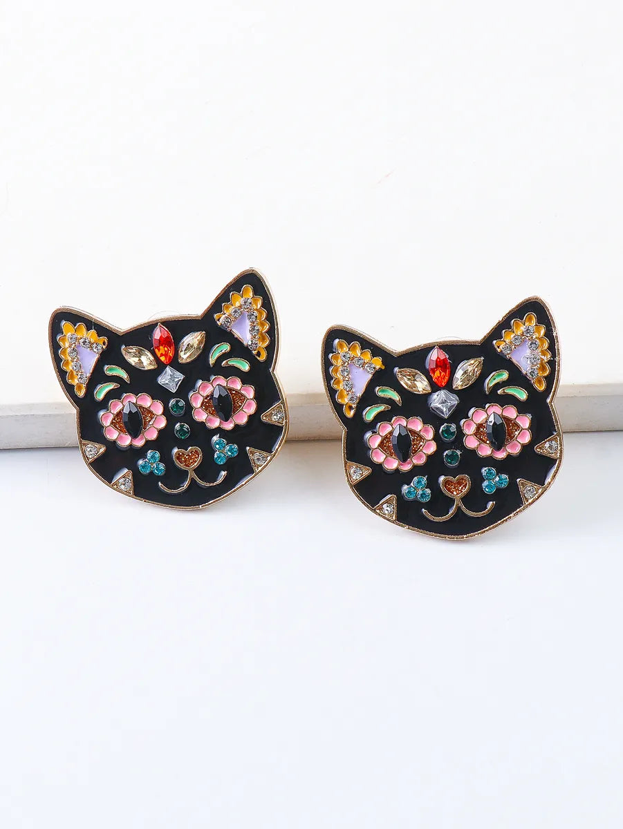 Fashion Cat Metal Inlay Rhinestones Women'S Earrings 1 Pair