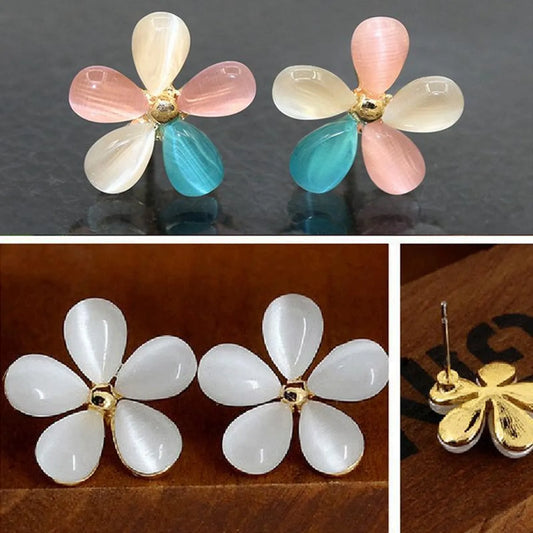 Fashion Cat's Eye Flower Earrings Women Sweet Five Petal Flower Earrings