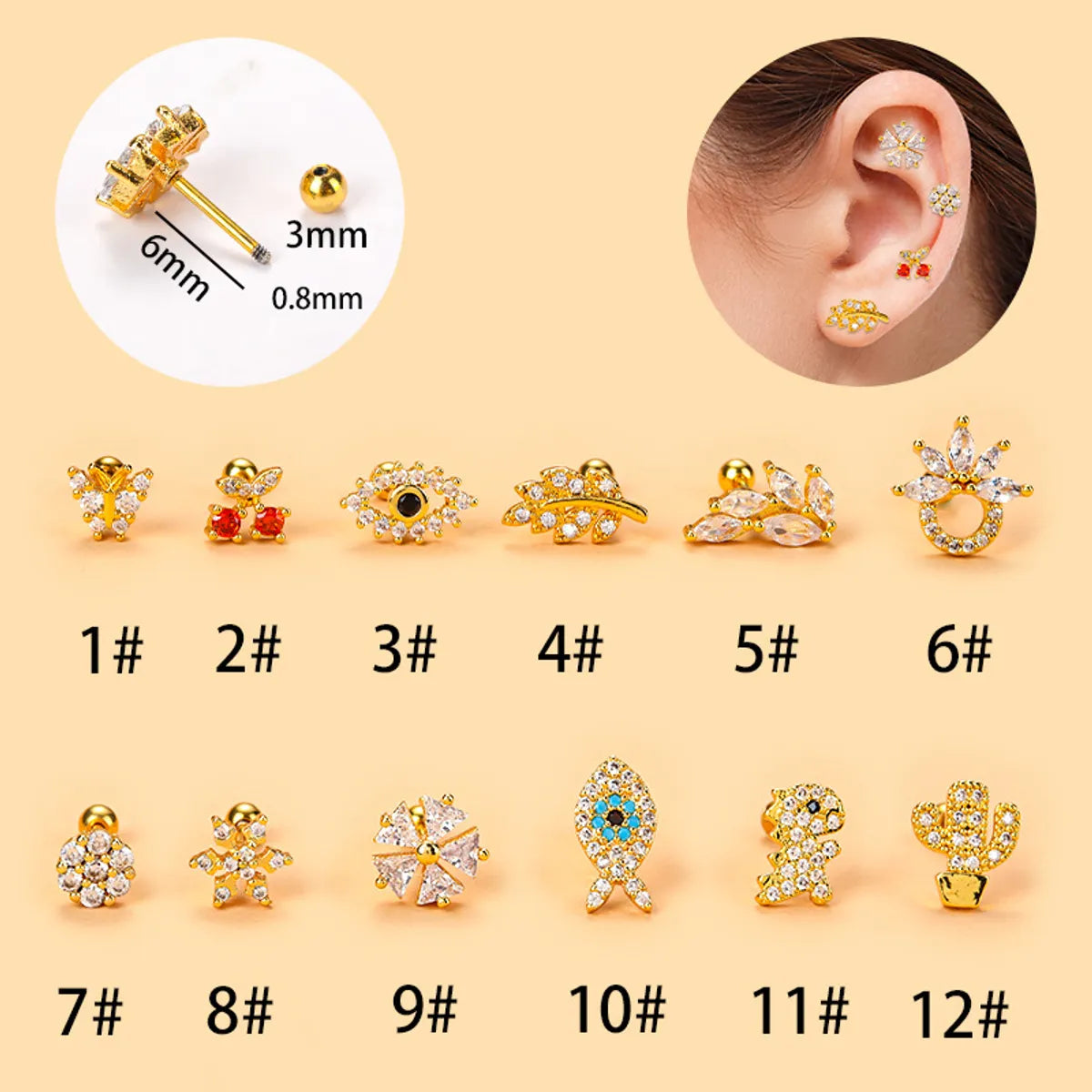 Fashion Cherry Flower Stainless Steel Copper Plating Inlay Zircon Ear Studs 1 Piece