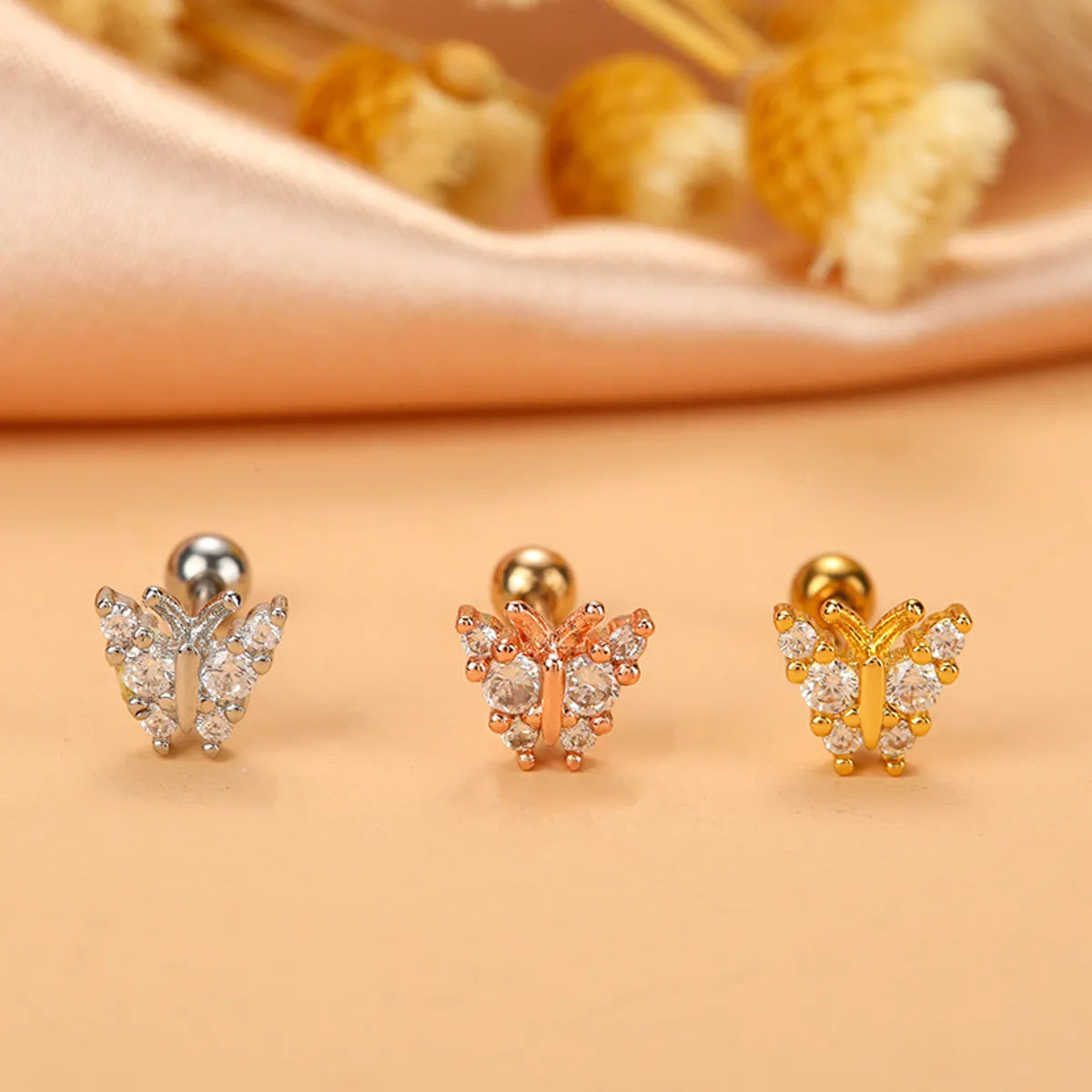 Fashion Cherry Flower Stainless Steel Copper Plating Inlay Zircon Ear Studs 1 Piece