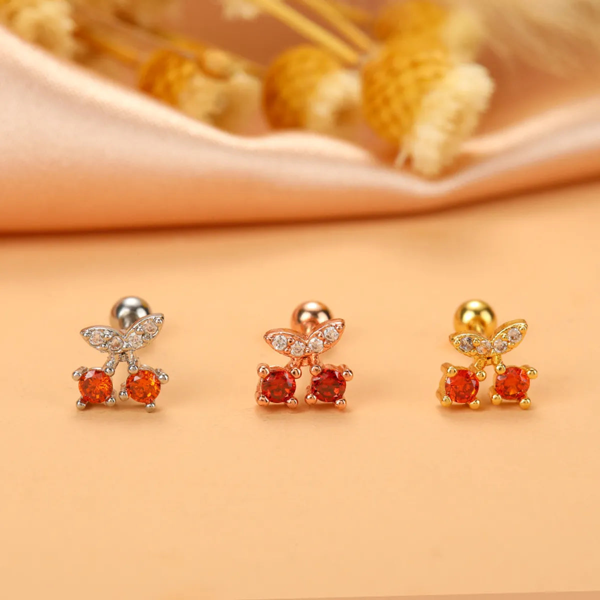 Fashion Cherry Flower Stainless Steel Copper Plating Inlay Zircon Ear Studs 1 Piece