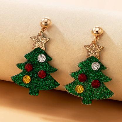 Fashion Christmas Tree Resin Inlay Diamond Drop Earrings 1 Pair