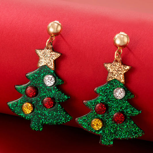 Fashion Christmas Tree Resin Inlay Diamond Drop Earrings 1 Pair